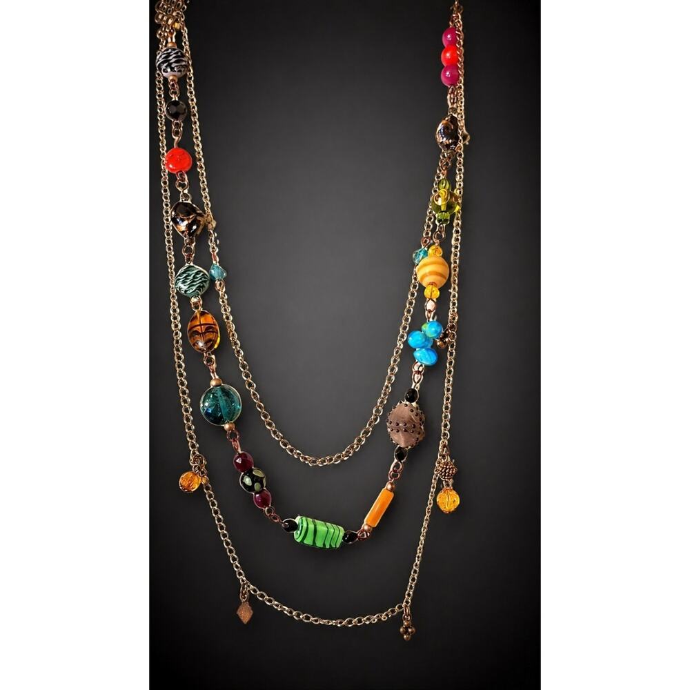 Colorful Long Beaded Chain Necklace- Art Glass- 30" 3 Strands Copper-tone blu337